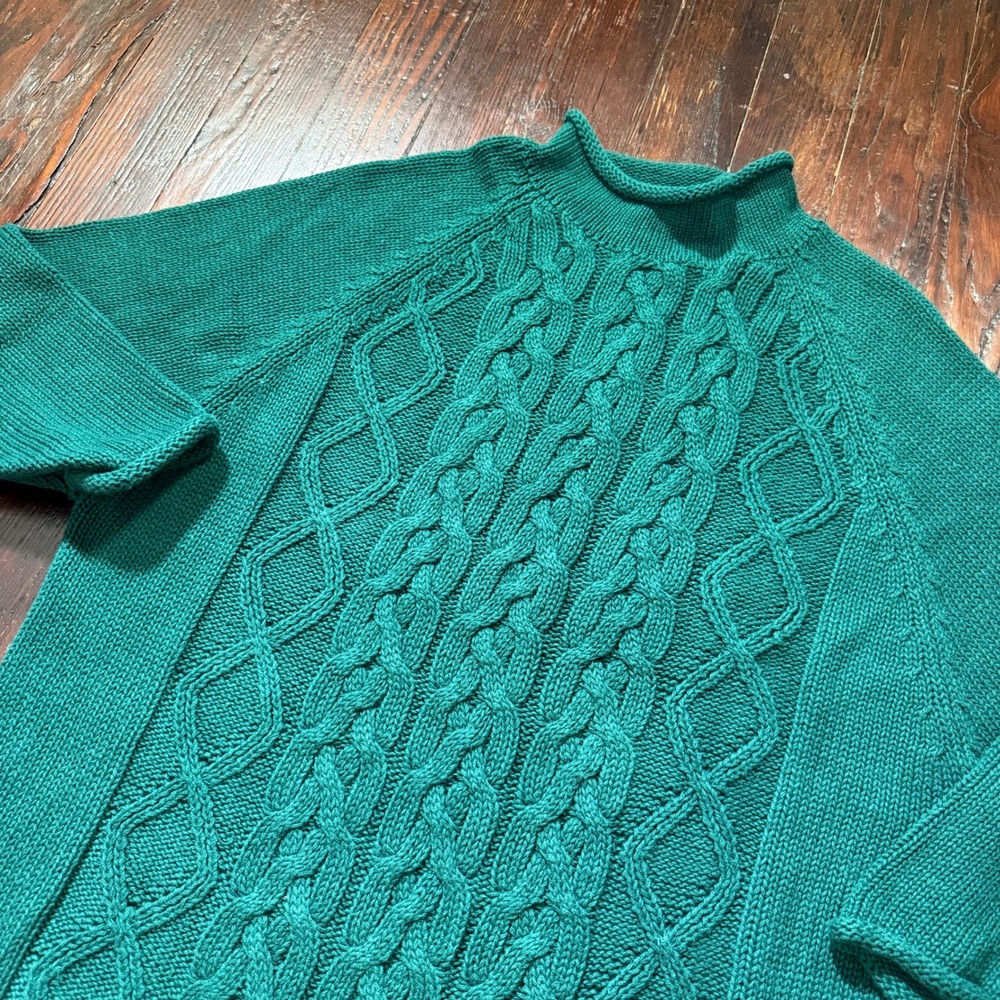 Vintage The Limited Sweater Womens L Green Roll Neck Ramie Cable Knit Fisherman
